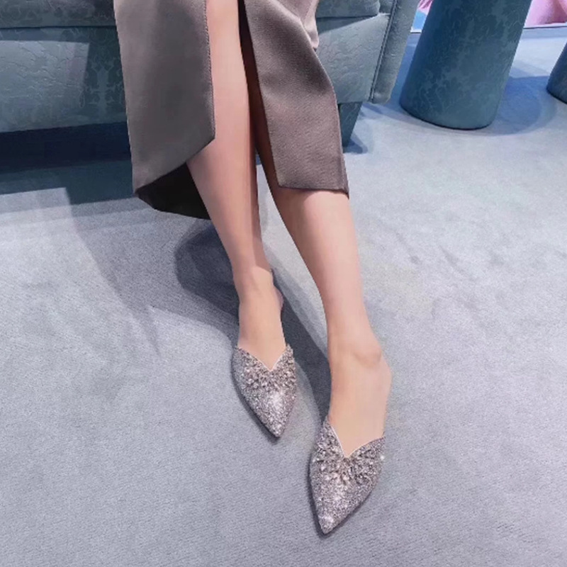 New Semi-Drag Rhinestone Sequined Pointed Toe Women'S Sandals And Slippers