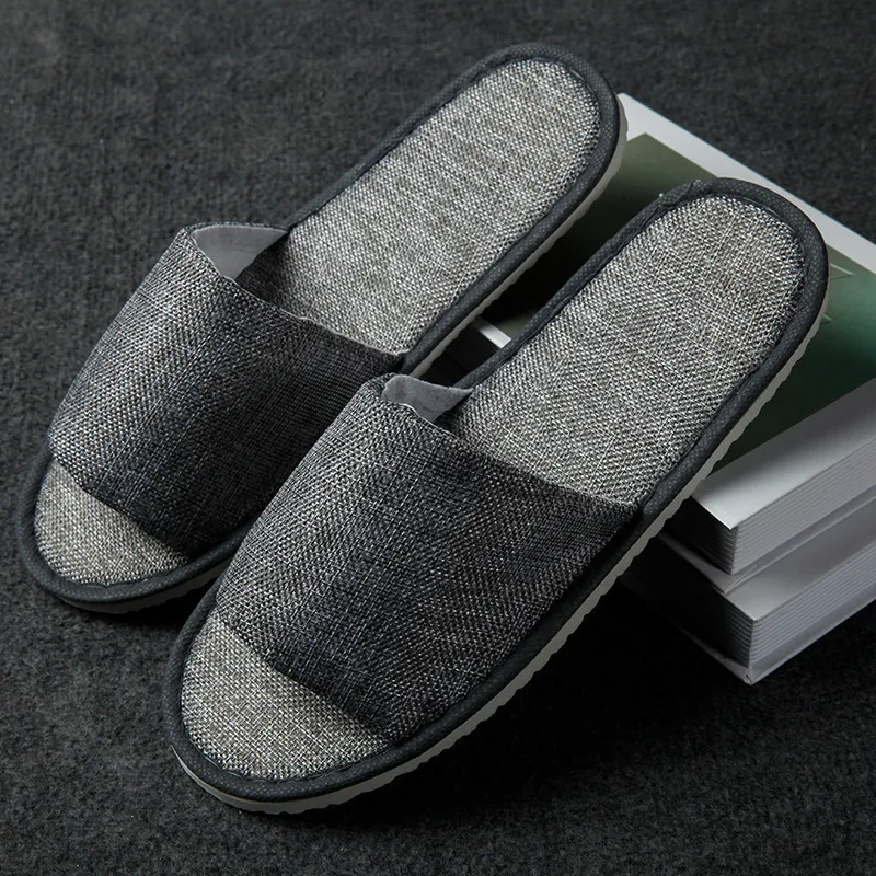 Hemp Simple Slippers Men Women Hotel Travel Spa Portable Folding House Disposable Home Guest Indoor Slippers Big Size - Black