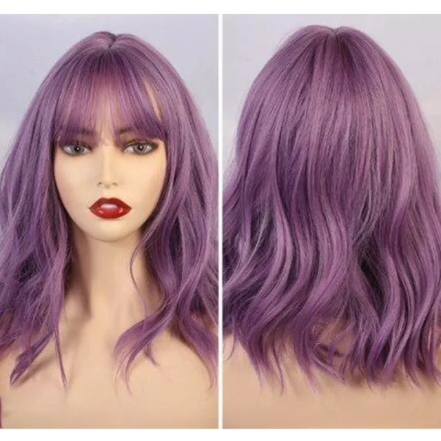 New Natural Wave Wig, Short Curly Hair, Purple Wig Set, Curly Hair With Bangs Purple - Shop at LoveMi