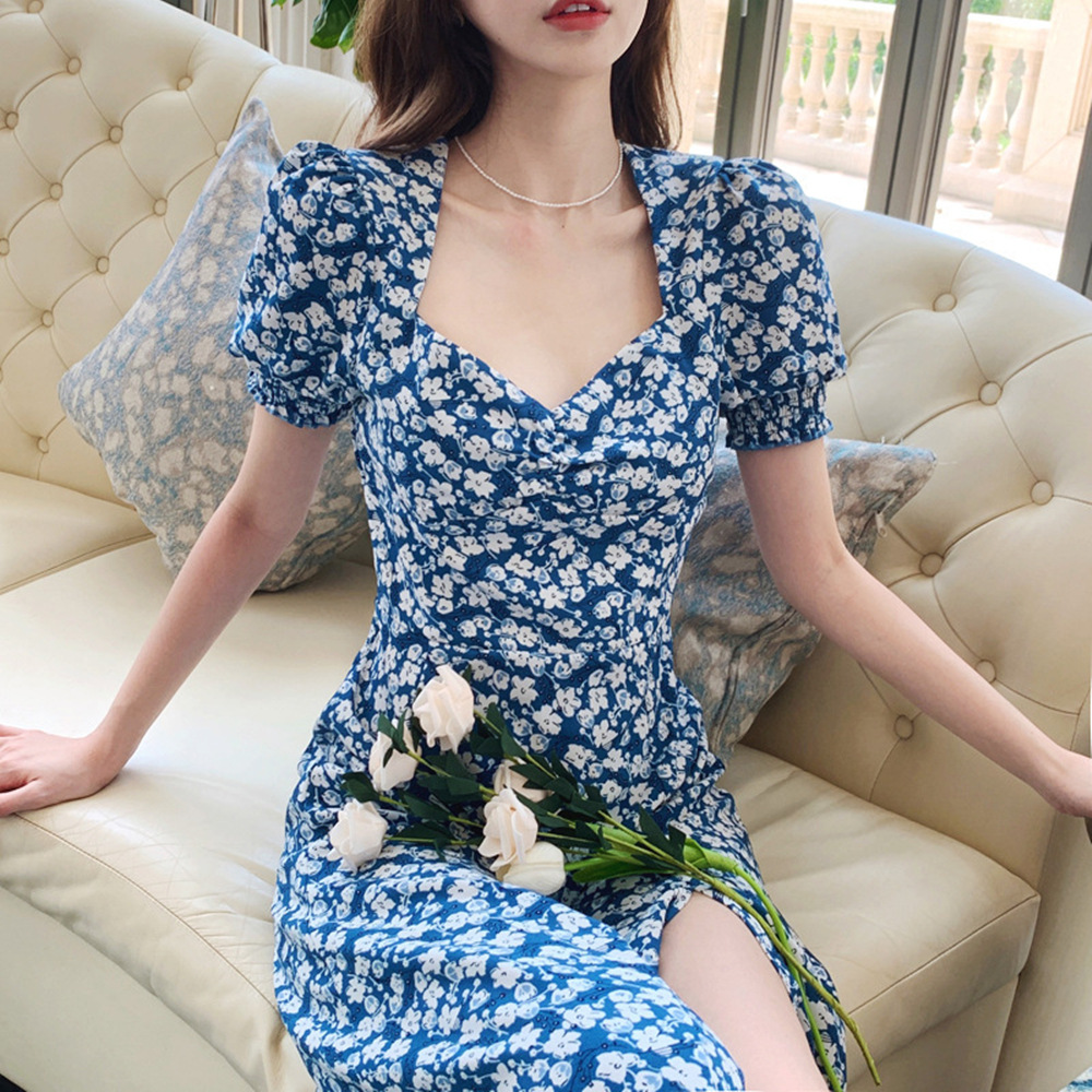 Blue Floral Dress Summer V-neck High-waisted Slit Waist And Thin Temperament Long Skirt