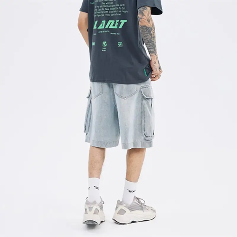 New Style Washed Multi-pocket Tooling Denim Belt Shorts