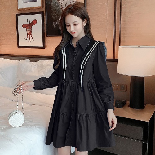 Korean Style Loose And Versatile Pleated Temperament Lantern Sleeve Shirt Dress