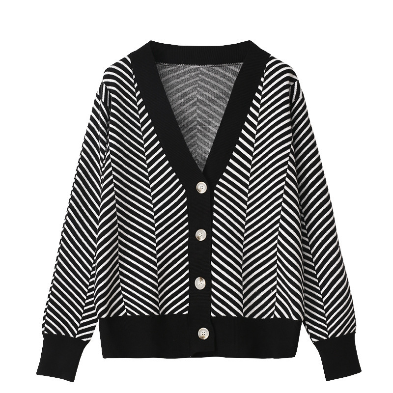 V-neck Diamond Stripe Lazy Style Literary Knit Cardigan