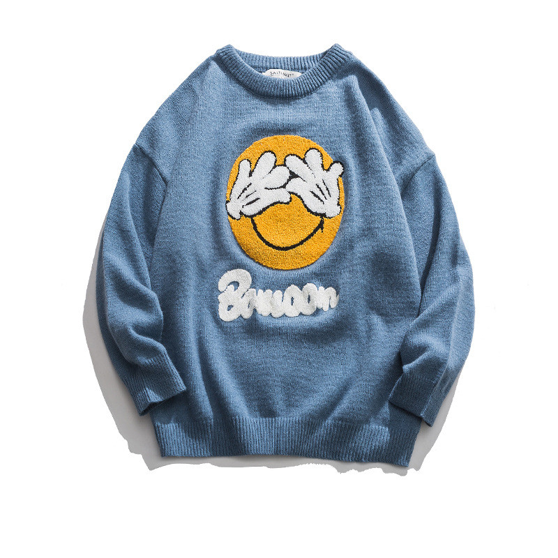 Title 2, Round Neck Cartoon Smiley Sweater Knitted Lazy ...