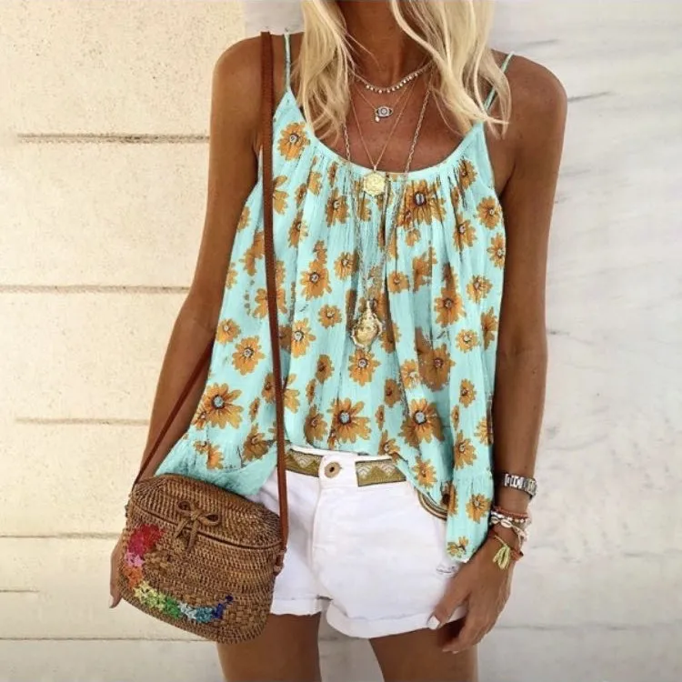 Women's Top Loose Floral Print Camisole T Shirt - Blue