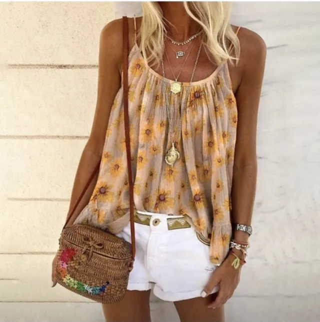 Women's Top Loose Floral Print Camisole T Shirt Khaki - Shop at LoveMi