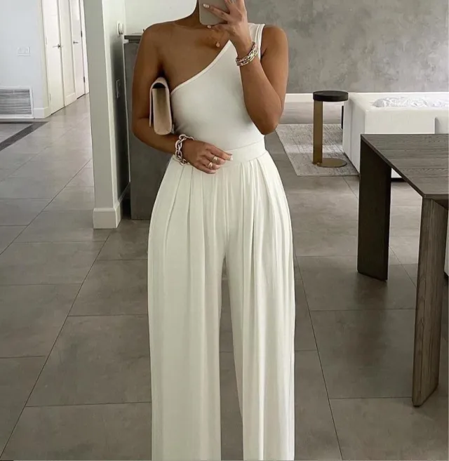 One shoulder Sleeveless Asymmetric Casual Jumpsuit Solid Color Jumpsuit White - Shop at LoveMi
