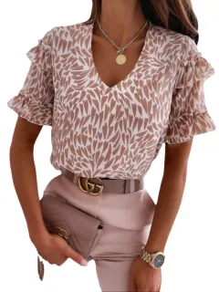 Pure Color Ruffled Short Sleeved V Neck Simple Shirt For Women - Leopard - View 1