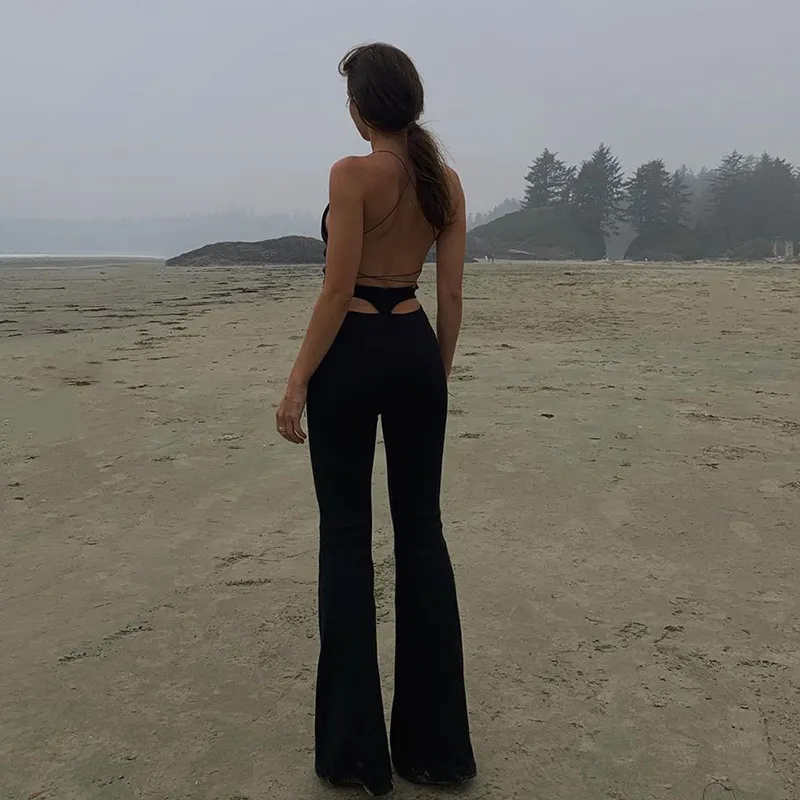 High-waisted Casual Waist Cutout Trousers - Black