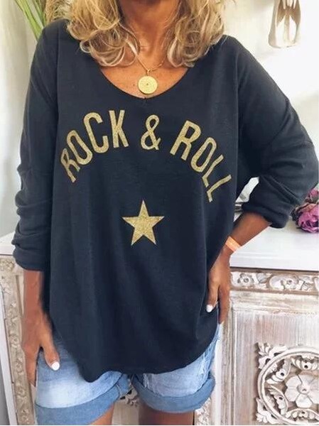 Title 4, V-neck Letter Print Long-sleeved T-shirt