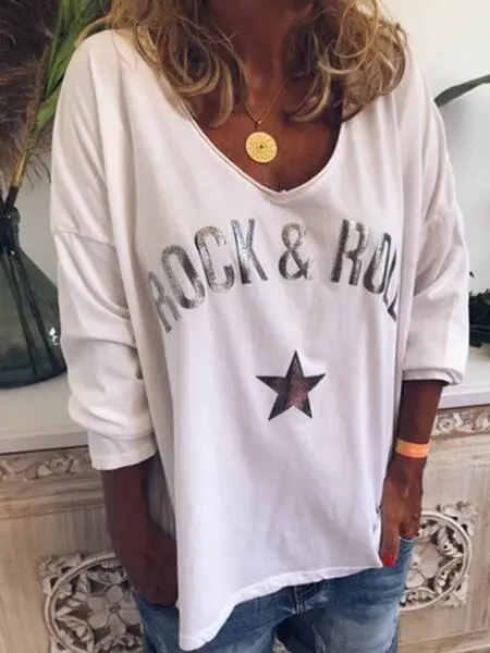 V neck Letter Print Long sleeved T shirt White - Shop at LoveMi