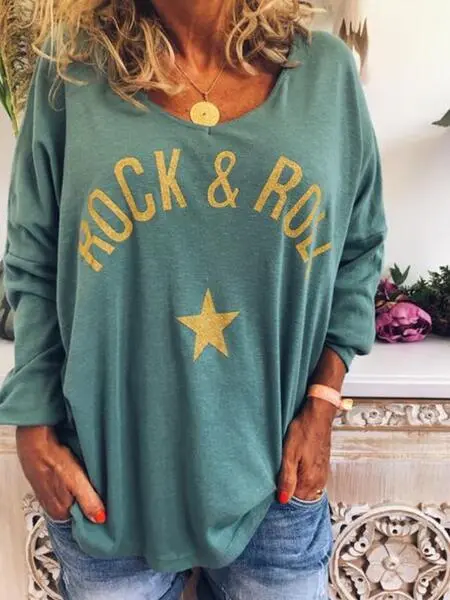 V neck Letter Print Long sleeved T shirt Green - Shop at LoveMi