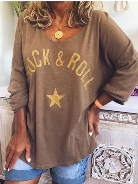 V-neck Letter Print Long-sleeved T-shirt