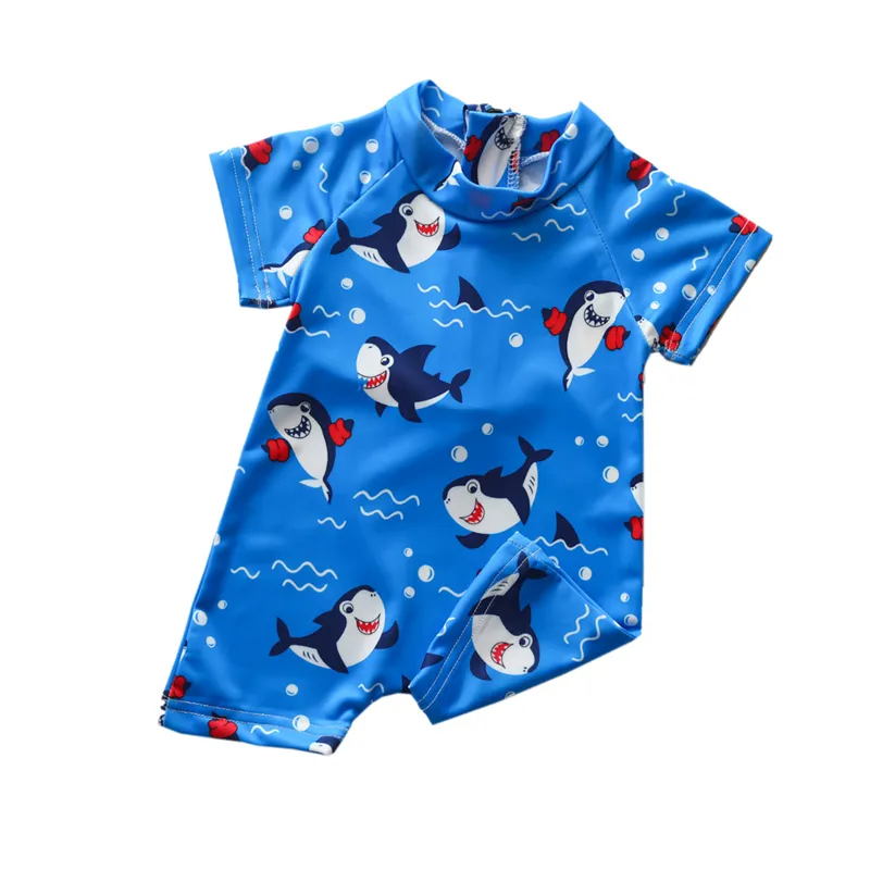 New Boys' Short-sleeved Blue Shark One-piece Romper - Blue