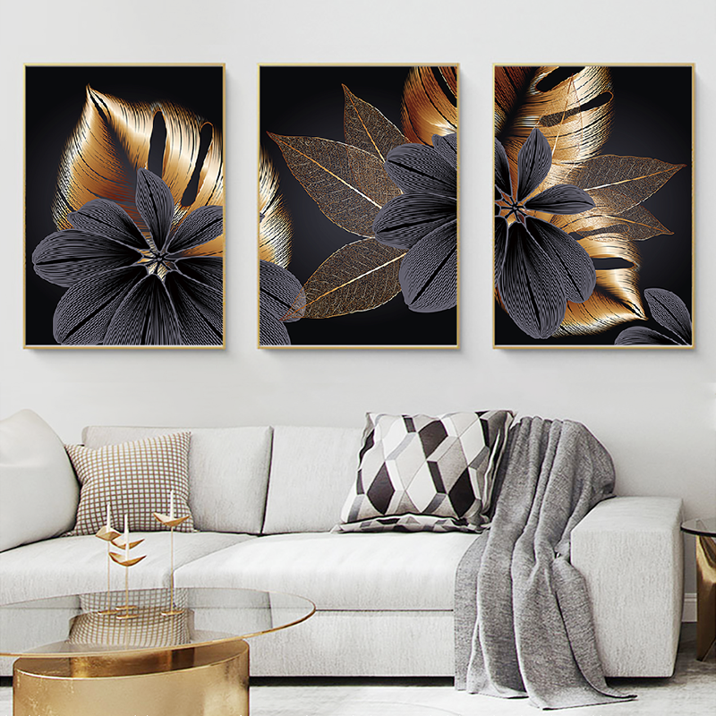 Abstract Black Golden Plant Leaf Canvas Poster