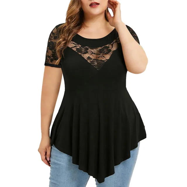 Women's Large Size Floral Lace Short Sleeve Irregular Hem See through Round Neck Women's Blouse Black - Shop at LoveMi
