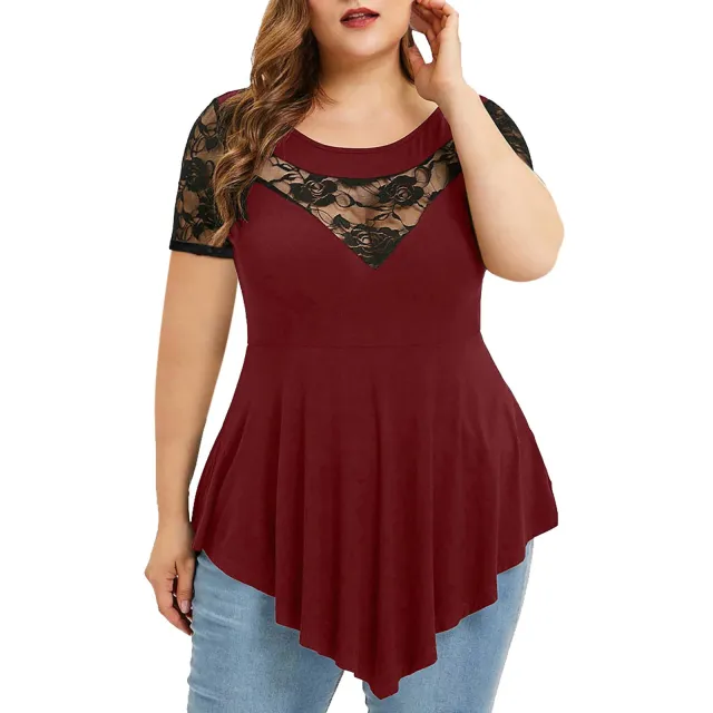 Women's Large Size Floral Lace Short Sleeve Irregular Hem See through Round Neck Women's Blouse Wine Red - Shop at LoveMi