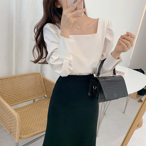 Korean Style Elegant Blouse With Square Collar Clavicle Temperament Gentle Wind