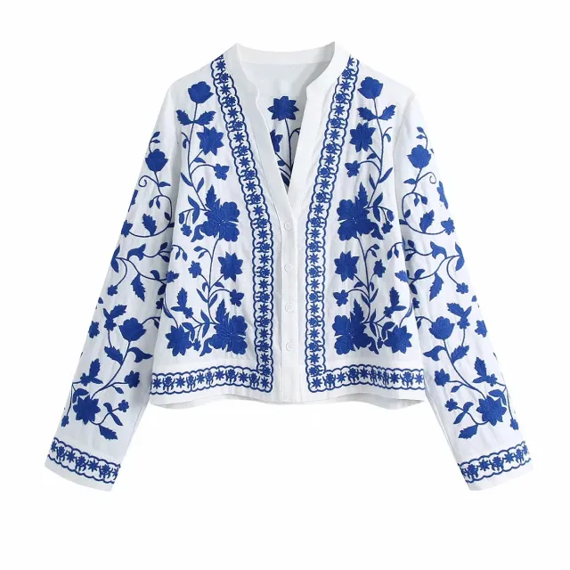 Women'S Retro Blue And White Porcelain Embroidered Shirt Red - Shop at LoveMi