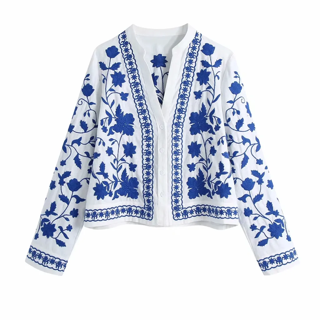 Women'S Retro Blue And White Porcelain Embroidered Shirt - White