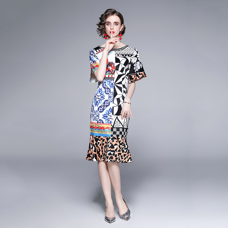 Round Neck High-end Printed Dress Leopard Mermaid Skirt