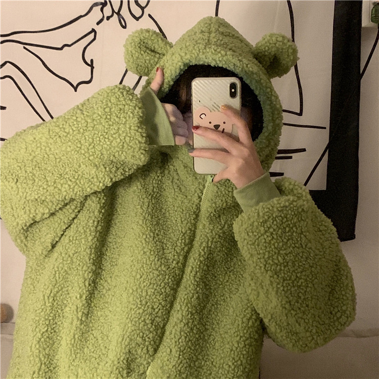 Autumn And Winter Loose Hooded Sweater Women Korean Version Of Solid Color Cardigan Jacket Coat