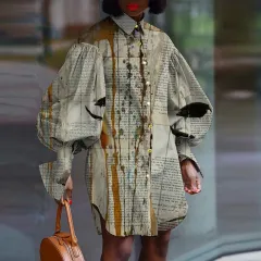 Mini Shirt Dress Casual Fashion Letter Print Long Lantern Sleeve - Grey - View 1