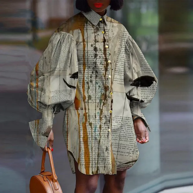 Mini Shirt Dress Casual Fashion Letter Print Long Lantern Sleeve Grey - Shop at LoveMi