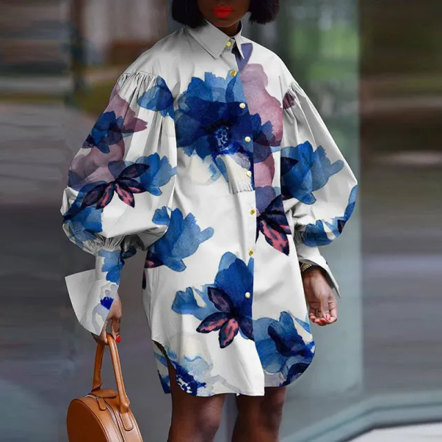Mini Shirt Dress Casual Fashion Letter Print Long Lantern Sleeve Blue - Shop at LoveMi