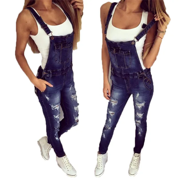 Sports Double Shoulder Strap Ripped Denim Jumpsuit Women's Casual Dark Blue - Shop at LoveMi