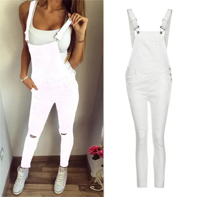 Sports Double Shoulder Strap Ripped Denim Jumpsuit Women's Casual White - Shop at LoveMi