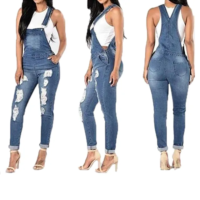 Sports Double Shoulder Strap Ripped Denim Jumpsuit Women's Casual Light Blue - Shop at LoveMi