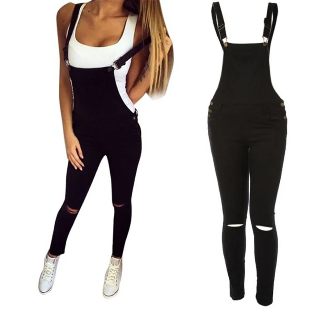 Sports Double Shoulder Strap Ripped Denim Jumpsuit Women's Casual - Black