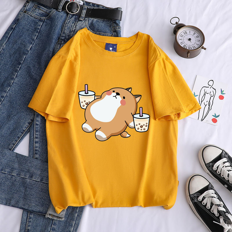 Title 2, Shiba Inu Drinking Milk Tea Round Neck Short-sl...