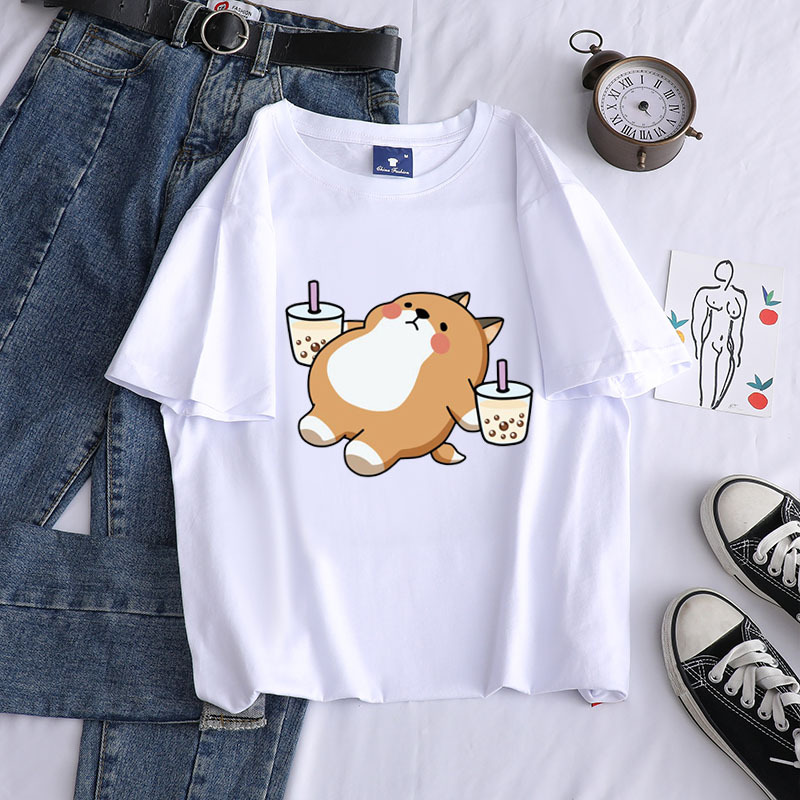 Title 5, Shiba Inu Drinking Milk Tea Round Neck Short-sl...