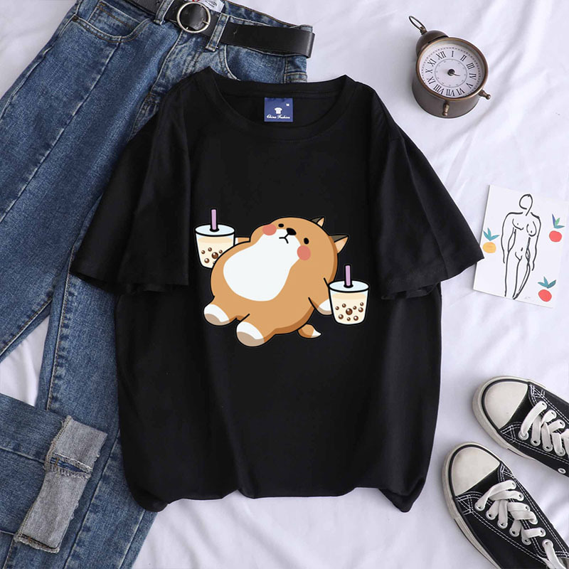 Title 4, Shiba Inu Drinking Milk Tea Round Neck Short-sl...