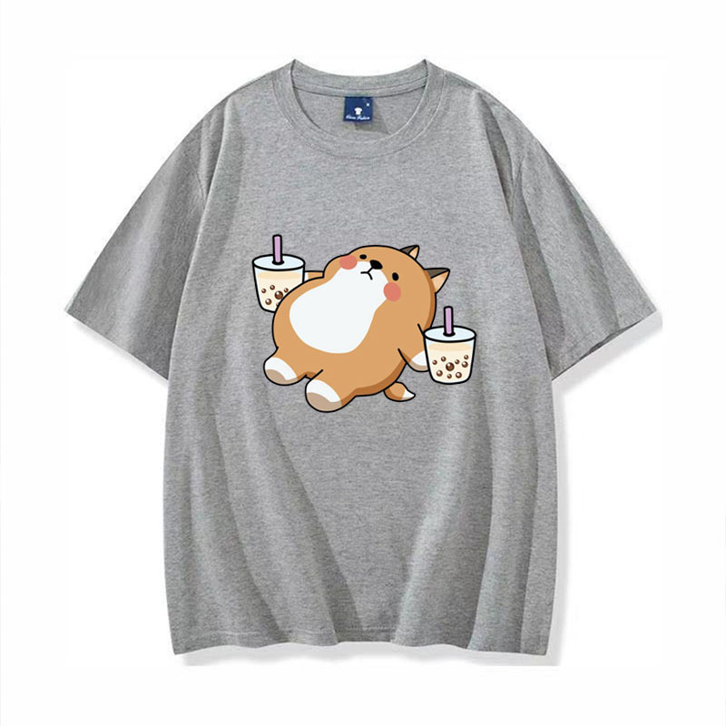 Title 3, Shiba Inu Drinking Milk Tea Round Neck Short-sl...