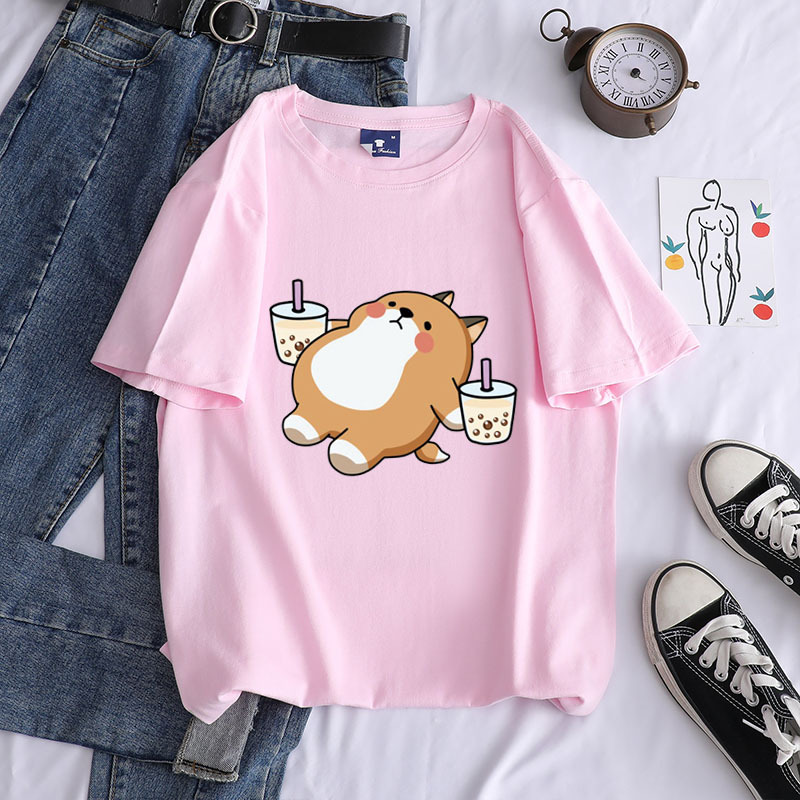 Title 1, Shiba Inu Drinking Milk Tea Round Neck Short-sl...