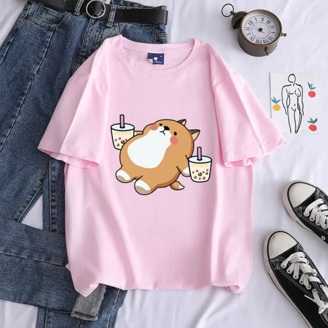 Shiba Inu Drinking Milk Tea Round Neck Short sleeved Cotton T Shirt Pink - Shop at LoveMi