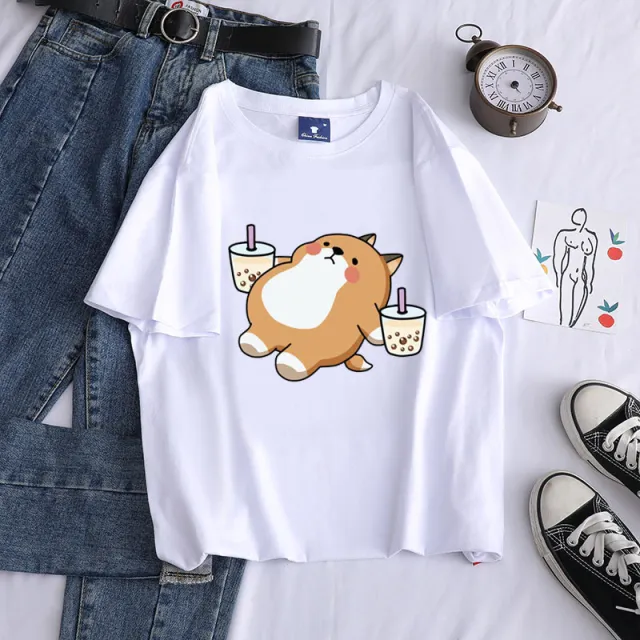Shiba Inu Drinking Milk Tea Round Neck Short sleeved Cotton T Shirt White - Shop at LoveMi