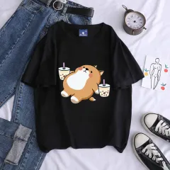 Shiba Inu Drinking Milk Tea Round Neck Short-sleeved Cotton T Shirt - Black - View 1