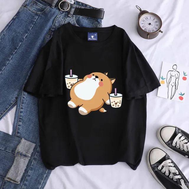 Shiba Inu Drinking Milk Tea Round Neck Short sleeved Cotton T Shirt Black - Shop at LoveMi