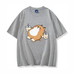 Shiba Inu Drinking Milk Tea Round Neck Short-sleeved Cotton T Shirt - Grey - View 1
