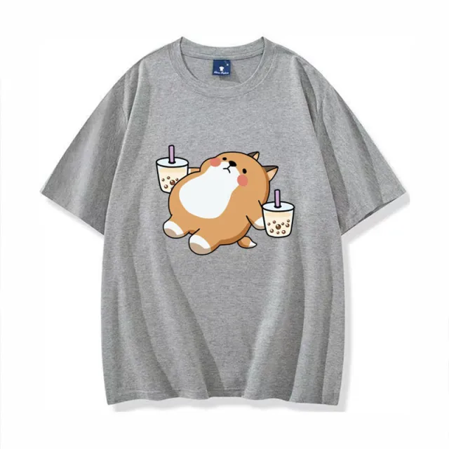 Shiba Inu Drinking Milk Tea Round Neck Short sleeved Cotton T Shirt Grey - Shop at LoveMi