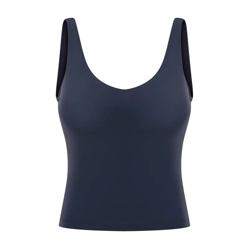 Neckline Yoga Vest With Chest Pad U-shaped Back Sports Fitness Short Vest - Blue