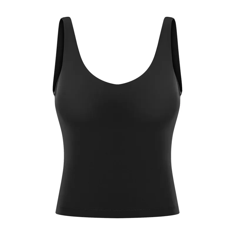 Neckline Yoga Vest With Chest Pad U-shaped Back Sports Fitness Short Vest - Black
