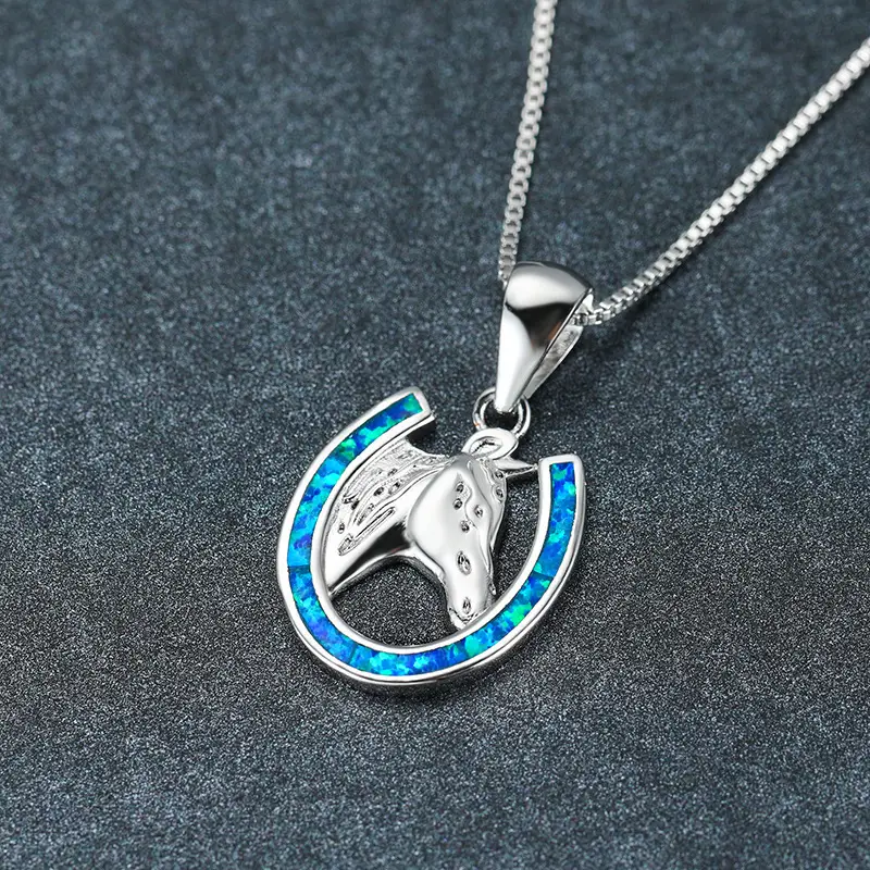 Vintage Female Blue Opal Pendant Necklace Charm Silver Color Chain