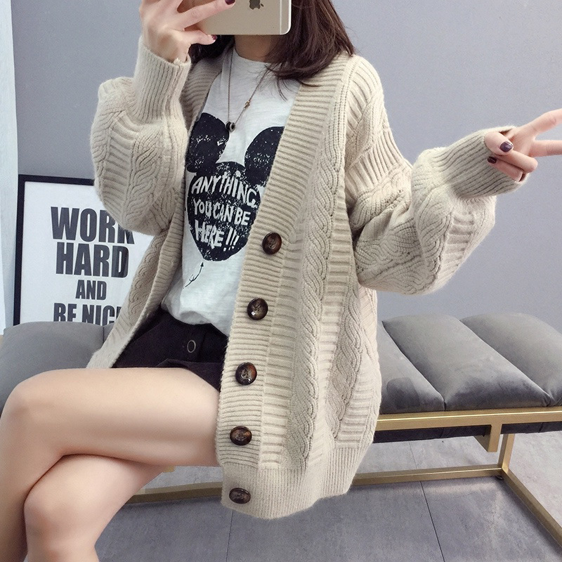 V-neck Single-breasted Loose Sweater Women Long-sleeved Shawl
