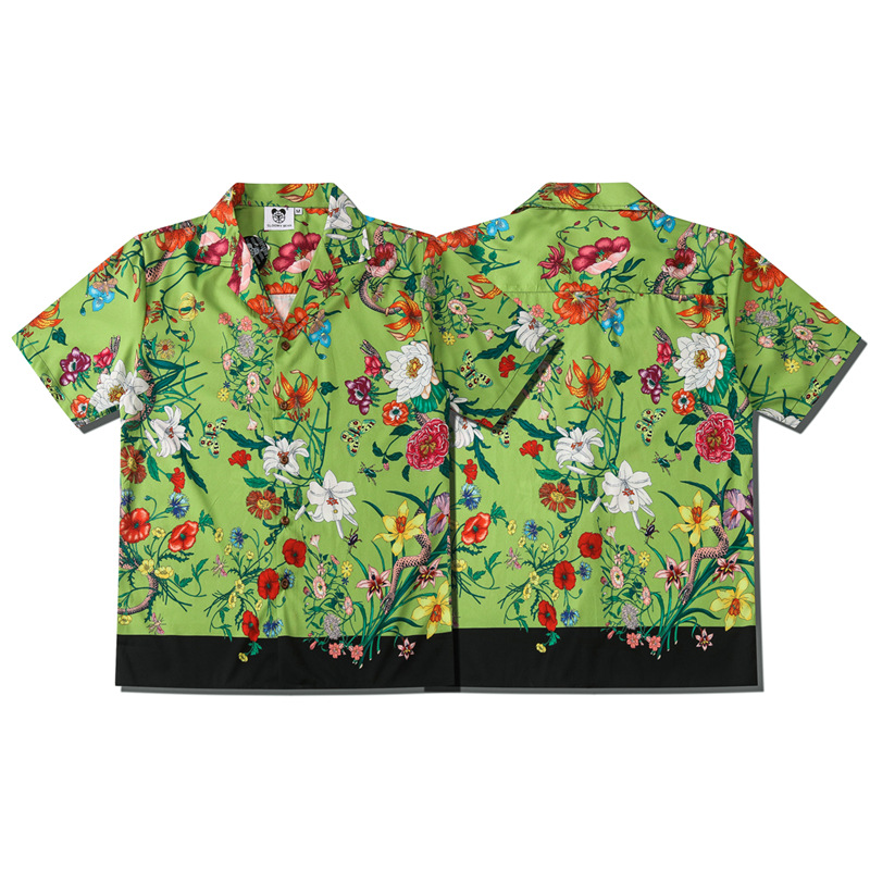 Young Men And Women Couples Tide Brand Plant Pattern Digital Printing Loose Lapel Short-sleeved Shirt