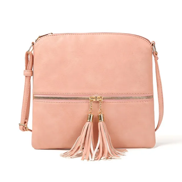 New Style Double Fringe Front Pocket Zipper Diagonal Shoulder Bag Women's Bag Shoulder Bag Powder - Shop at LoveMi
